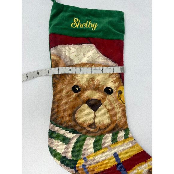 Vtg Needlepoint Christmas Stocking Teddy Bear Wool Velvet Lillian Vernon "SHELBY - Picture 2 of 5